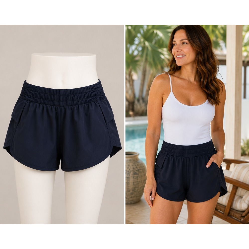 Peach Navy Blue Smocked Waist Running Shorts with Pockets and Liner Size M